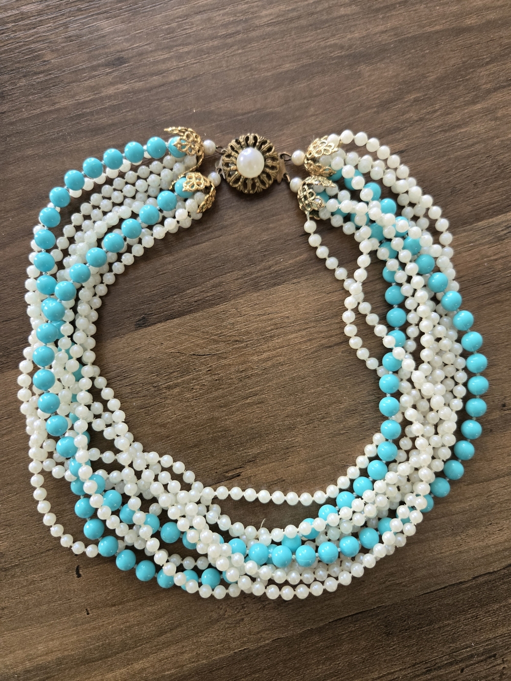 Vintage Multi-Strand Turquoise & White Beaded Necklace